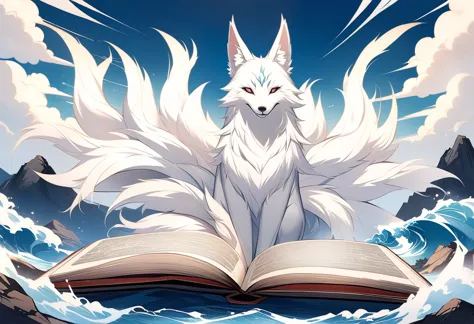 hd,the mythical beast nine tailed white fox in the ancient chinese book of mountains and seas，some of the nine tails are translu...