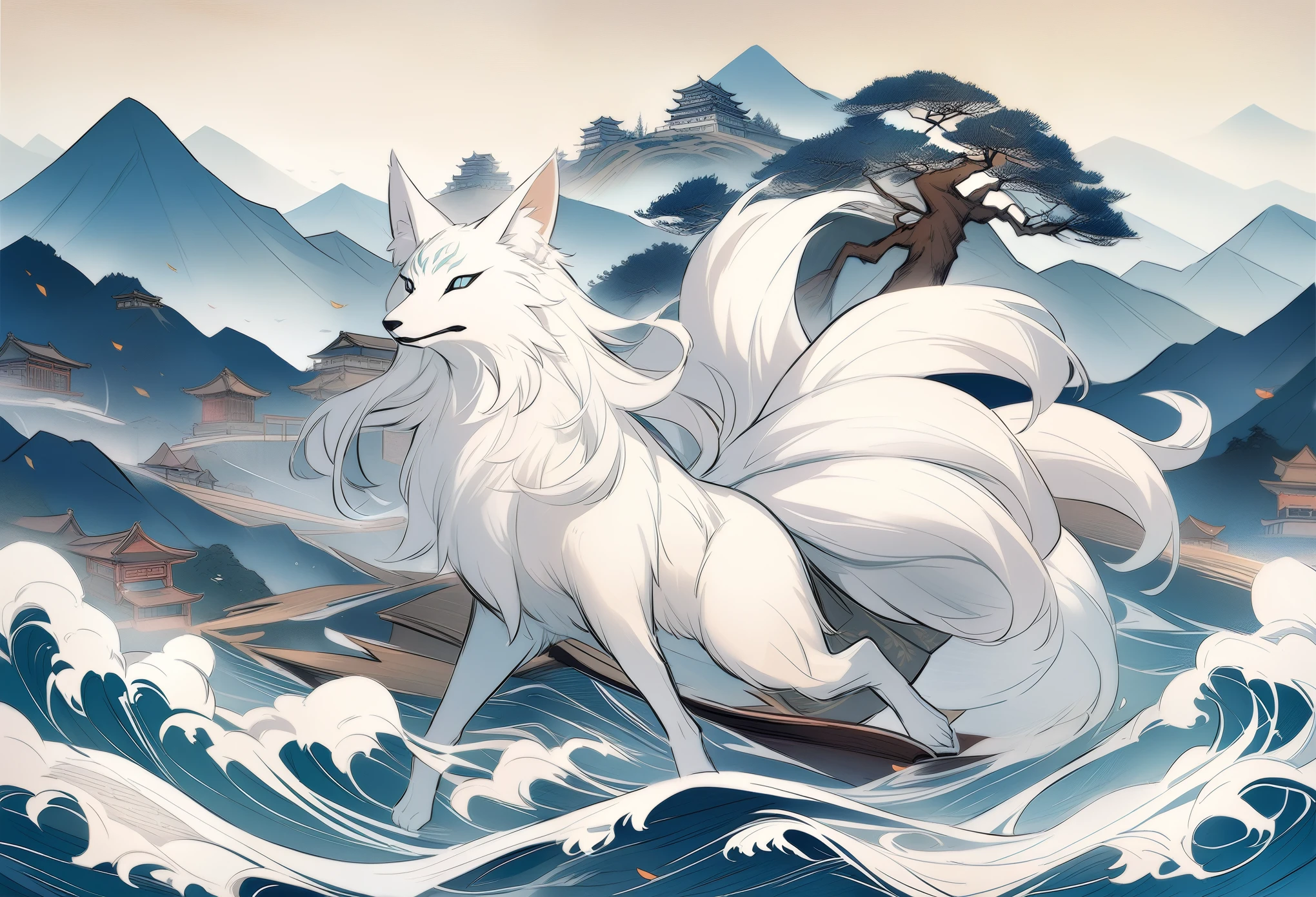 HD,The mythical beast nine tailed white fox in the ancient Chinese Book of Mountains and Seas，Some of the nine tails are translucent