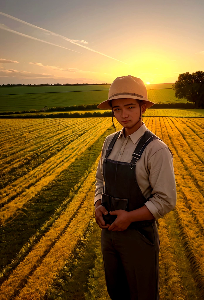 As the sun sets over a serene landscape, a farmer takes care of his crops, the golden light illuminating the fields and evoking a sense of hard work and connection to the land: