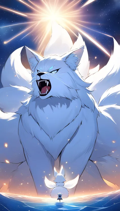 Gigant Nine-tailed white fox is in front of you, (angry, roaring),on top of the ocean in the starry sky at night,(((animal)))