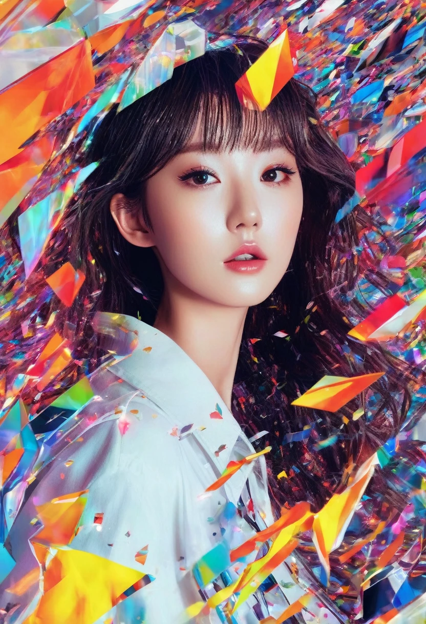 (magazine cover:1.3),ulzzang-6500, (realistic: 1.3) (original: 1.2), masterpiece, best quality, beautiful clean face, fullbody, 1girl, glitch art, (digital distortion), pixelated fragments, data corruption,colorful noise, visual chaos,contemporary aesthetics