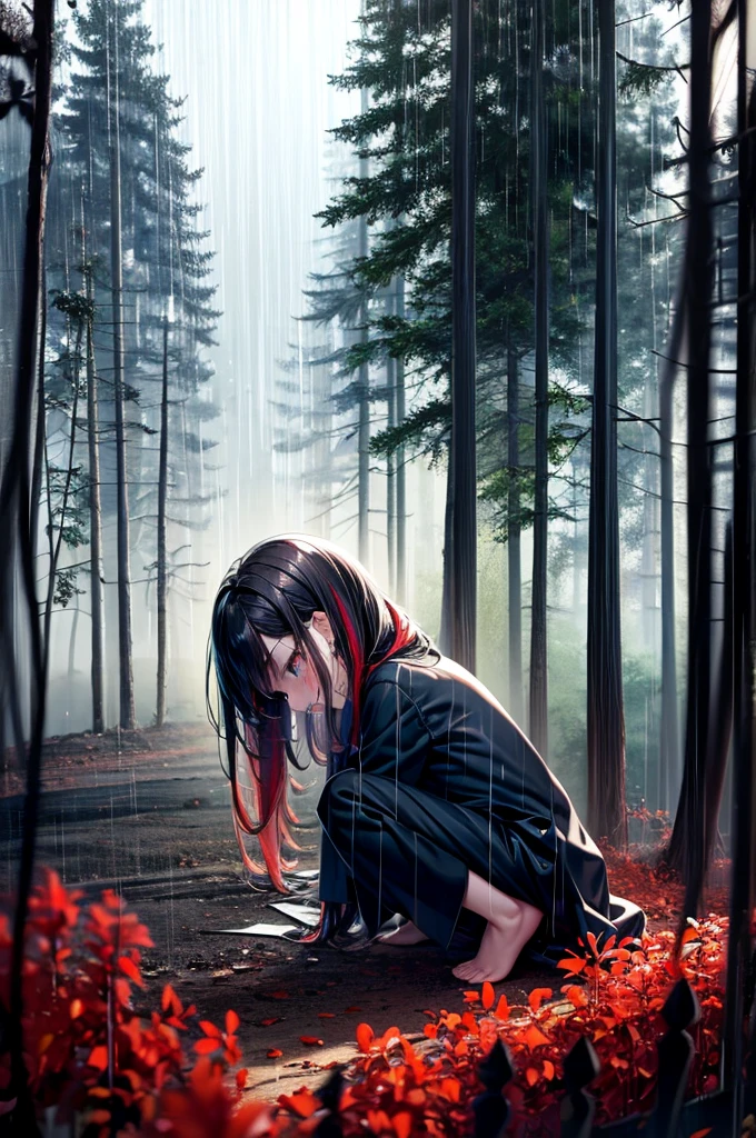 Loli, pale skin, sad face, cry, kneeing pose, very long multicolored hair, knife in hend, mantle, bare feet, dark forest, red flowers, focus on body, rainy weather, blood everywhere 