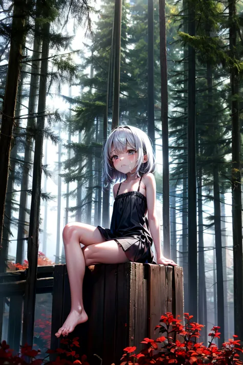 Loli, pale skin, sad face, cry, kneeing pose, very long multicolored hair, knife in hend, mantle, bare feet, dark forest, red fl...