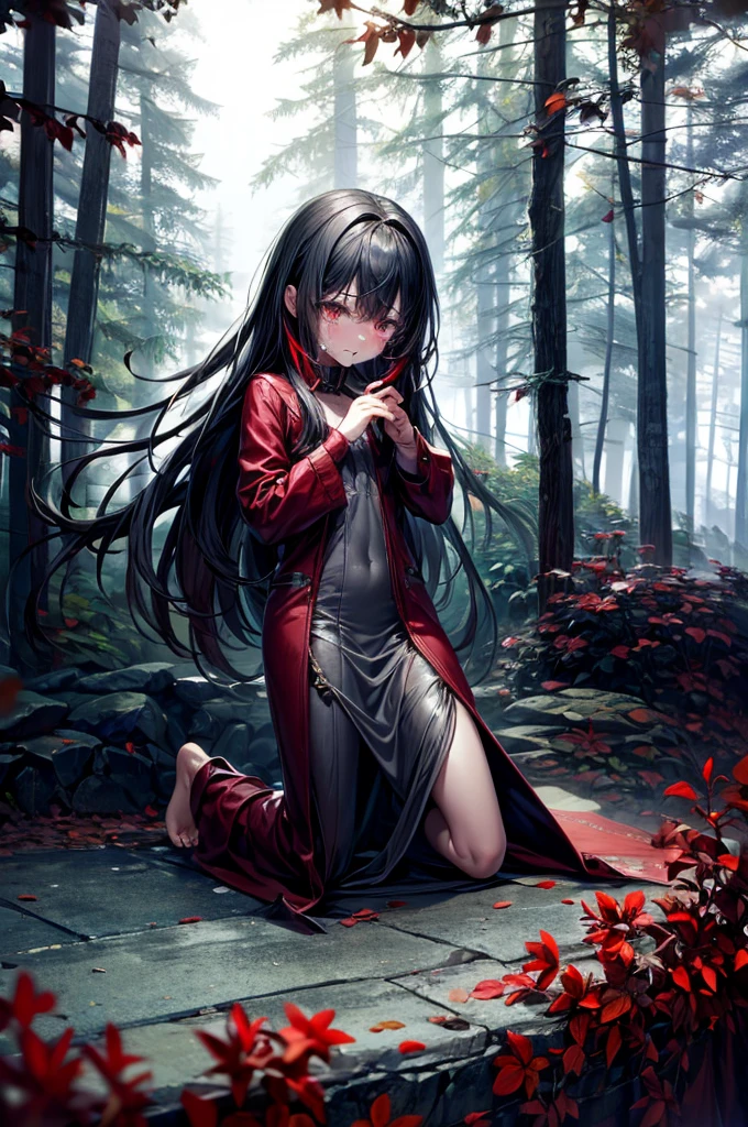 , pale skin, sad face, cry, kneeing pose, very long multicolored hair, knife in hend, mantle, bare feet, dark forest, red flowers, focus on body, rainy weather, blood everywhere 