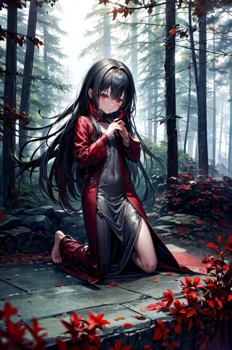 Loli, pale skin, sad face, cry, kneeing pose, very long multicolored hair, knife in hend, mantle, bare feet, dark forest, red fl...