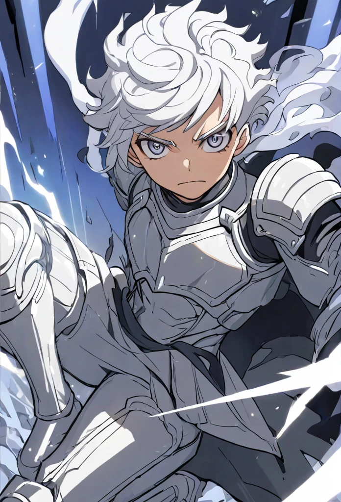 Young man with silver hair and silver eyes, wearing strong dark gray silver armor, with silver boots, with an electric shadow of silver, blue rays behind him