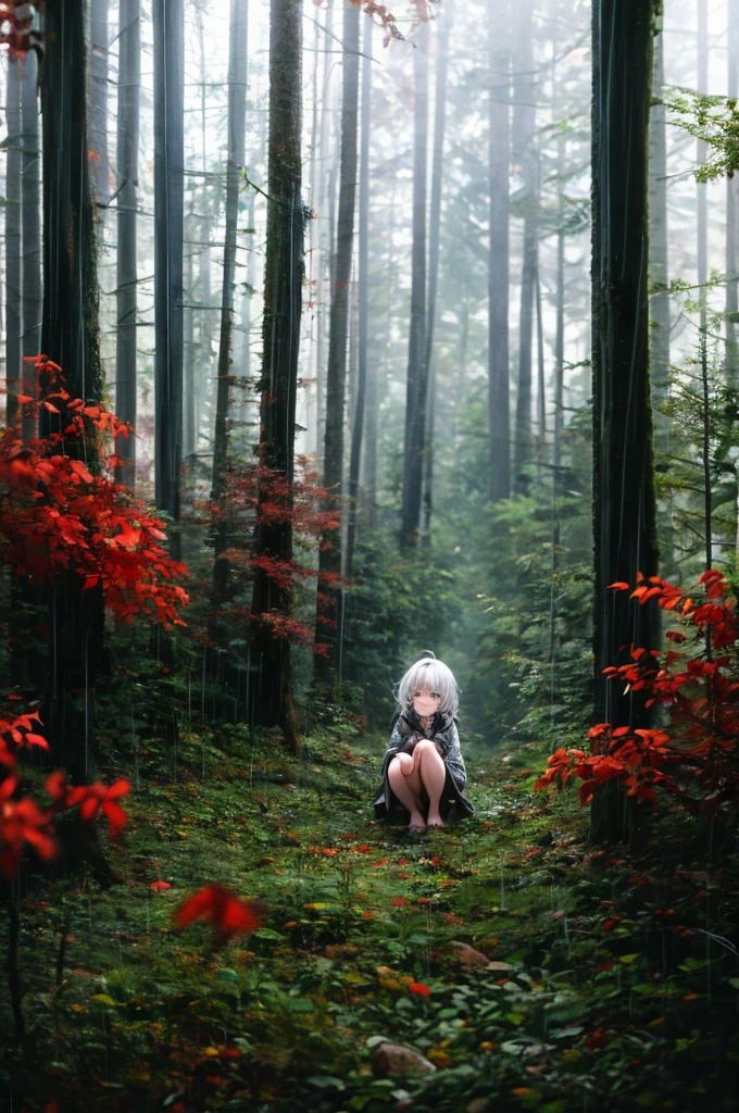 , peau pâle, visage triste, pleurer, pose à genoux, cheveux multicolores très longs, couteau dans la poule, manteau, pieds nus, forêt Noire, fleurs rouges, se concentrer sur le corps, climat pluvieux, du sang partout 