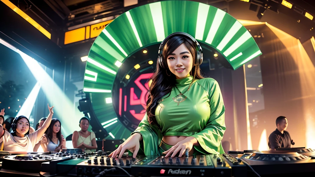 1 chinese-Indonesian girl, modern plain hijab, shy, medium portrait, watery eyes, wearing pastel green kebaya, ((big breasts)), black bokeh background, well-proportioned body,, chubby massive thighs, full body pose, Hena art on the body, hena art the face, full body view, Wearing silver DJ headphones, Smile while DJing on stage, full body shot of, The spotlight shines on the female DJ, perfect fingers, five fingers, beautiful hands, perfect hands. master peace, cute smile  , Great lighting, Bright colors, Clean lines