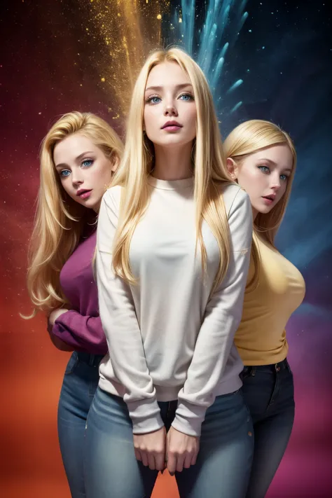 Cute identical triplet women blue eyes blond hair wearing a blouse and jeans thick thighs lift and sweatshirt explosive blonde o...
