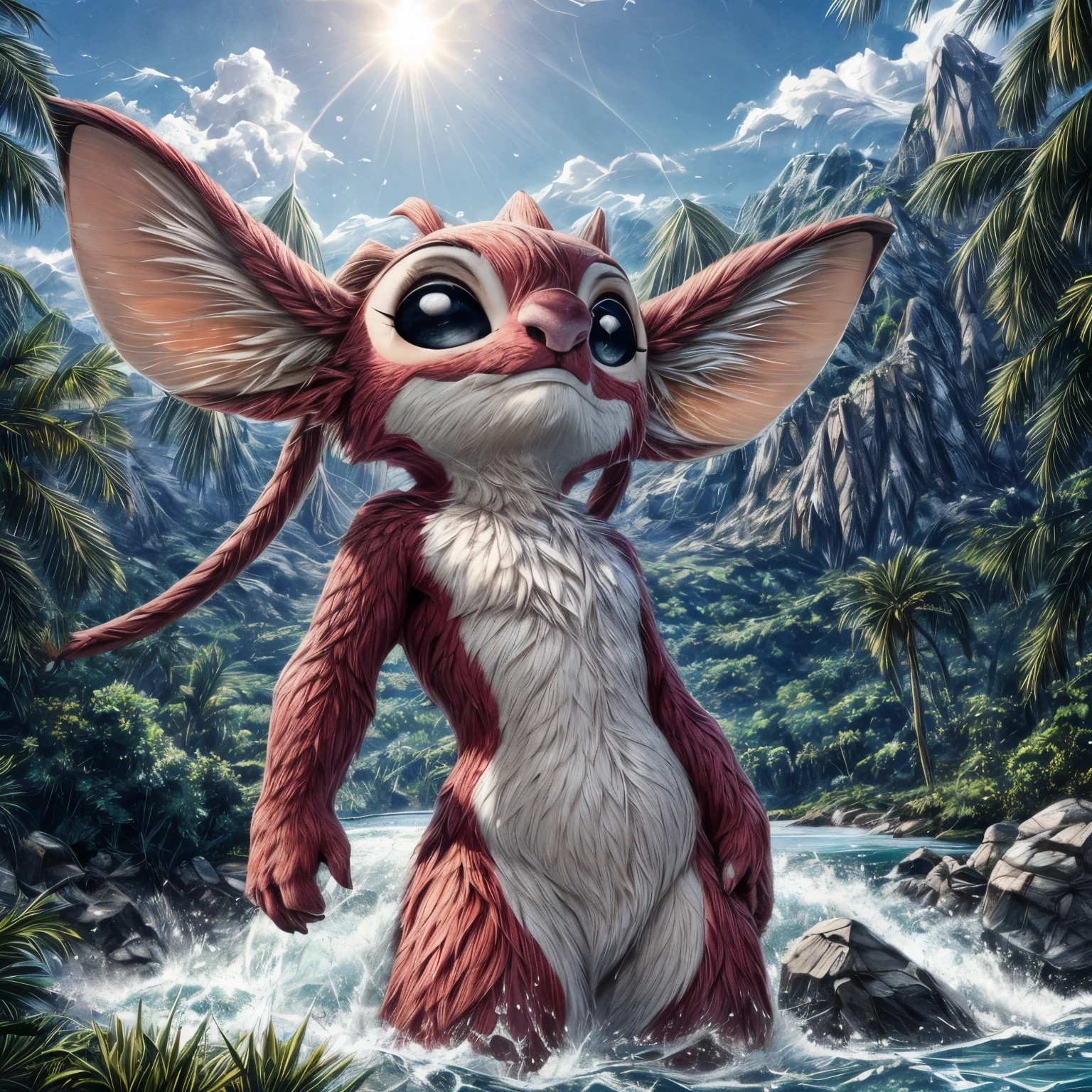  AngeEXAlenN1,  solo,  beautiful eyes,    Black eyes, black sclera, pink, Big ears,
[Jungle, sun rays, palm trees, grass, river, mountains, clouds,] (beautiful, aesthetic, perfect, delicate, intricate:1.1, masterpiece,)
(Standing, hands on hips,  dynamic action pose,)
by dagasi, [[by smitty g]], [by personalami0.2], by cynicalstarr,