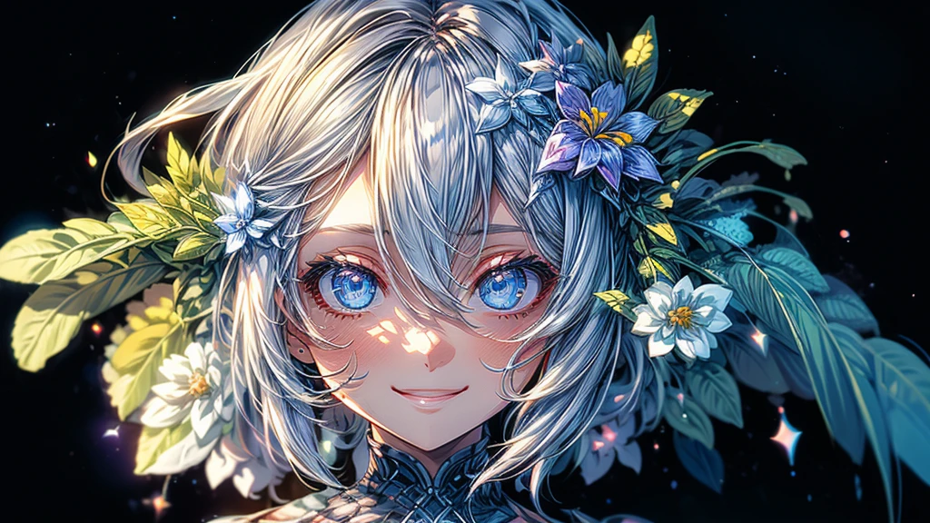 White background，In an incredibly beautiful flower garden.，bright sun，（（Masterpiece：1.4，Best Quality））+，（hyper detail）+，（very detailed eyes）+，（very detailed hair)+，light blue eyes，smiling girl，closeup of smile