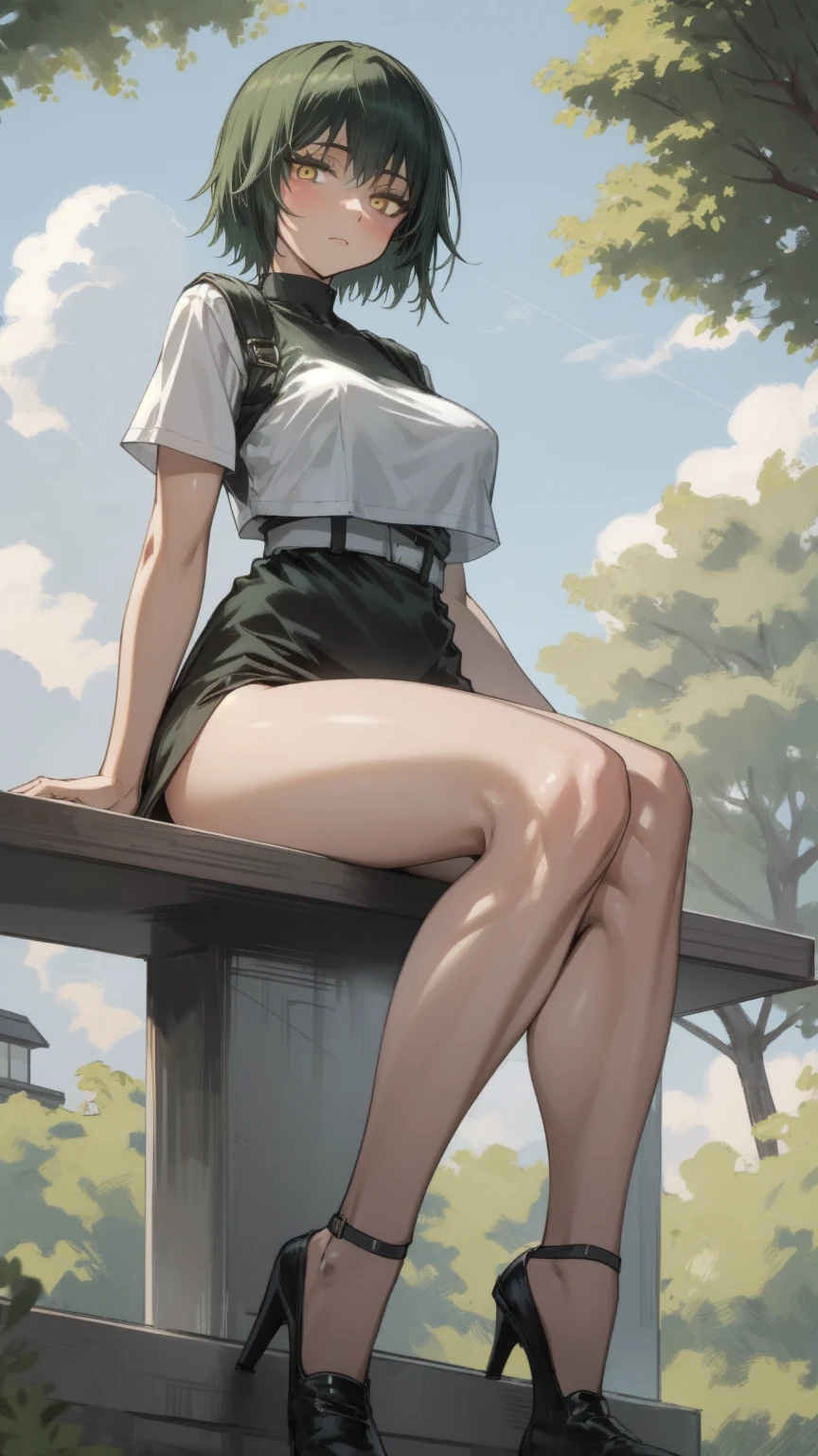 MakiSHS1, One,  short hair, 1 girl,  Looking at the viewer, green hair, panties, bang , sexy body, legs , muscular , closed mouth, muscular female , yellow eyes, large грудь, on open air, sky, blue sky, clouds, trees, building,   Sitting, Sitting in, girl Sitting, BREAK masterpiece, Best quality, very detailed background, perfect lightingBest quality 