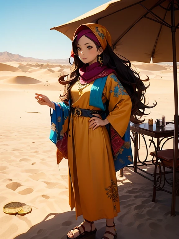 One Girl, Golden accessories, (アラブのcity壁), Veil, gem, Kaftans, turbaned, Sandals, Elegant robes, sand color, oasis, Long Hair, Wavy Hair, Light of the sun, camel, Sand Dunes, Wind, mysterious, Desert flower, Coin Belt, fabric, embroidery, metallic, scarf, Turquoise, jewelry, gold, Queen, city壁, city
, Cowboy Shot