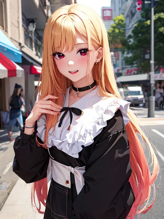 best quality, (masterpiece:1.2), detailed,
Beichuan Marine SB,
1 girl, alone, teeth, bright smile, earrings,
long hair, blonde hair, red eyes, colorful hair, black ribbon, black collar,
(((比基尼))), (((白色比基尼))),
Permanently installed, looking at the audience,
Outdoor activities, Shopping