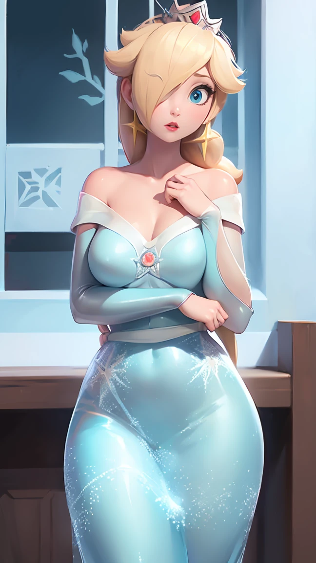 (best quality). (ultra detaild). (1girl), Looking at Viewer. (detailed backgrounds). beautiful detailed eyes. delicate beautiful face. (high saturation), breasts big, droopy breasts, (((sexy Elsa outfit))),