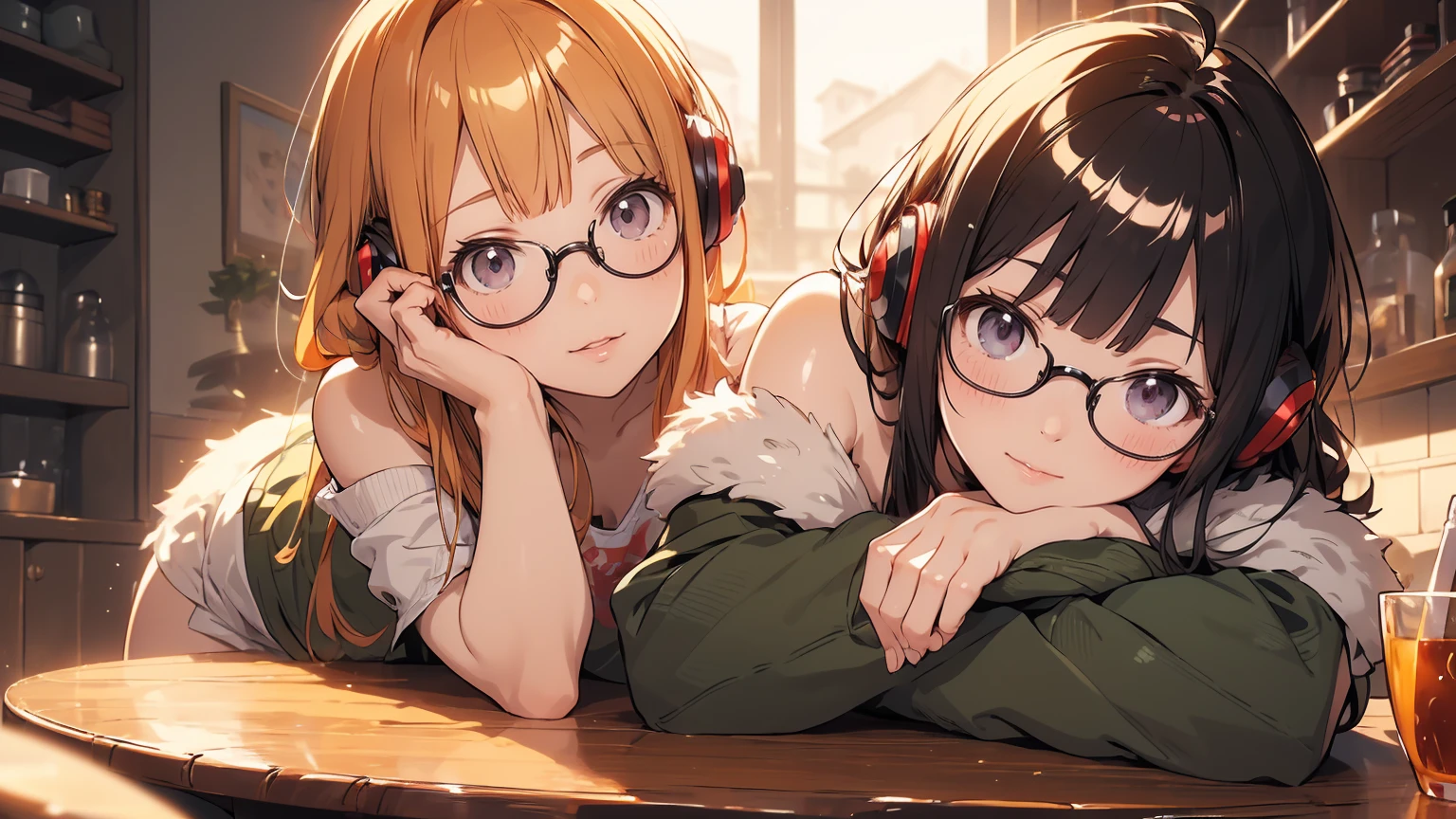 masutepiece, Best Quality, hight resolution, 1girl in, futaba sakura, Blunt bangs, eye glassesの, Burakku Frame Eyewear, Ahoge,orange color hair、  purple eyes、 eye glassesの, headphones, bura, Jacket, off shoulders, Fur trim, fur-trimmed jacket, Green jacket, Shorts, ,the golden hour,A smile that showed teeth、1black cat、tea shop、On the counter、Coffee、futaba sakura、Purple eyes、orange color hair、eye glasses、,​masterpiece、top-quality、Official art、illustratio、ligne claire、(Cool_Farbe)、perfect-composition、focal、acurate, Anatomically correct、 、hight resolution, Beautiful detailed glow, masutepiece*Portrait, 3D Face, Realistic, (masutepiece: 1.3), (max resolution: 1.2), (Ultra HDTV: 1.2), cinematric light, 8K resolution, phi ,​masterpiece、top-quality、Ultra Detail、(((shiny lips: 1.4)))Beautiful face, acurate, Anatomically correct, phiAlways detailed face and skin texture, Detailed eyes, Double eyelids, tThin eyebrows、 pale skin, Lustrous skin all over the body, Perfect face,Always detailed face and skin texture, Detailed eyes, Double eyelids, Thin eyebrows,Natural cheeks, Glossy skin, Fair skin: 1.2, (Glossy lips: 1.4), (((The most beautiful girl)))、(((beautiful a girl)))、（little blush）、（Beautiful face）、 Delicate and beautiful hair, Delicate and beautiful eyes and face, (Beautiful gorgeous cute western woman:1.3),)(((Very Beautiful face))))(((long lashes))))(((Circular twinkling eyes)))(((Glossy and glossy lips))) (((Cheeks with a slight reddish tinge:0.8)))(((Neat and straight nose bridge)))、(((Cowboy Shot)))crouching cowgirl,