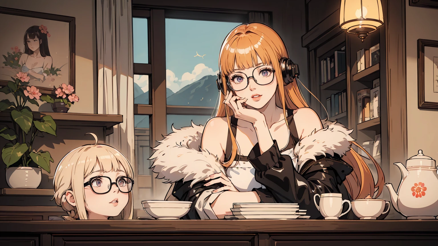 masutepiece, Best Quality, hight resolution, 1girl in, futaba sakura, Blunt bangs, eye glassesの, Burakku Frame Eyewear, Ahoge,orange color hair、  purple eyes、 eye glassesの, headphones, bura, Jacket, off shoulders, Fur trim, fur-trimmed jacket, Green jacket, Shorts, ,the golden hour,A smile that showed teeth、1black cat、tea shop、On the counter、Coffee、futaba sakura、Purple eyes、orange color hair、eye glasses、,​masterpiece、top-quality、Official art、illustratio、ligne claire、(Cool_Farbe)、perfect-composition、focal、acurate, Anatomically correct、 、hight resolution, Beautiful detailed glow, masutepiece*Portrait, 3D Face, Realistic, (masutepiece: 1.3), (max resolution: 1.2), (Ultra HDTV: 1.2), cinematric light, 8K resolution, phi ,​masterpiece、top-quality、Ultra Detail、(((shiny lips: 1.4)))Beautiful face, acurate, Anatomically correct, phiAlways detailed face and skin texture, Detailed eyes, Double eyelids, tThin eyebrows、 pale skin, Lustrous skin all over the body, Perfect face,Always detailed face and skin texture, Detailed eyes, Double eyelids, Thin eyebrows,Natural cheeks, Glossy skin, Fair skin: 1.2, (Glossy lips: 1.4), (((The most beautiful girl)))、(((beautiful a girl)))、（little blush）、（Beautiful face）、 Delicate and beautiful hair, Delicate and beautiful eyes and face, (Beautiful gorgeous cute western woman:1.3),)(((Very Beautiful face))))(((long lashes))))(((Circular twinkling eyes)))(((Glossy and glossy lips))) (((Cheeks with a slight reddish tinge:0.8)))(((Neat and straight nose bridge)))、(((Cowboy Shot)))crouching cowgirl,