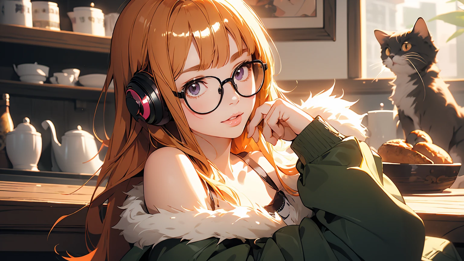 masutepiece, Best Quality, hight resolution, 1girl in, futaba sakura, Blunt bangs, eye glassesの, Burakku Frame Eyewear, Ahoge,orange color hair、  purple eyes、 eye glassesの, headphones, bura, Jacket, off shoulders, Fur trim, fur-trimmed jacket, Green jacket, Shorts, ,the golden hour,A smile that showed teeth、1black cat、tea shop、On the counter、Coffee、futaba sakura、Purple eyes、orange color hair、eye glasses、,​masterpiece、top-quality、Official art、illustratio、ligne claire、(Cool_Farbe)、perfect-composition、focal、acurate, Anatomically correct、 、hight resolution, Beautiful detailed glow, masutepiece*Portrait, 3D Face, Realistic, (masutepiece: 1.3), (max resolution: 1.2), (Ultra HDTV: 1.2), cinematric light, 8K resolution, phi ,​masterpiece、top-quality、Ultra Detail、(((shiny lips: 1.4)))Beautiful face, acurate, Anatomically correct, phiAlways detailed face and skin texture, Detailed eyes, Double eyelids, tThin eyebrows、 pale skin, Lustrous skin all over the body, Perfect face,Always detailed face and skin texture, Detailed eyes, Double eyelids, Thin eyebrows,Natural cheeks, Glossy skin, Fair skin: 1.2, (Glossy lips: 1.4), (((The most beautiful girl)))、(((beautiful a girl)))、（little blush）、（Beautiful face）、 Delicate and beautiful hair, Delicate and beautiful eyes and face, (Beautiful gorgeous cute western woman:1.3),)(((Very Beautiful face))))(((long lashes))))(((Circular twinkling eyes)))(((Glossy and glossy lips))) (((Cheeks with a slight reddish tinge:0.8)))(((Neat and straight nose bridge)))、(((Cowboy Shot)))crouching cowgirl,