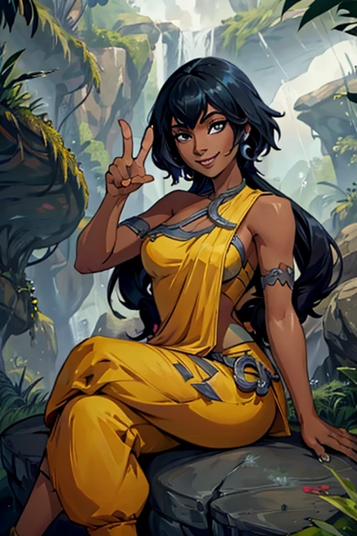 nilah \(league of legends\), 1girl, yellow dress, black pants, black hair,cute smile , sitting on rock , crossed legs , rain forest background , thumb up
