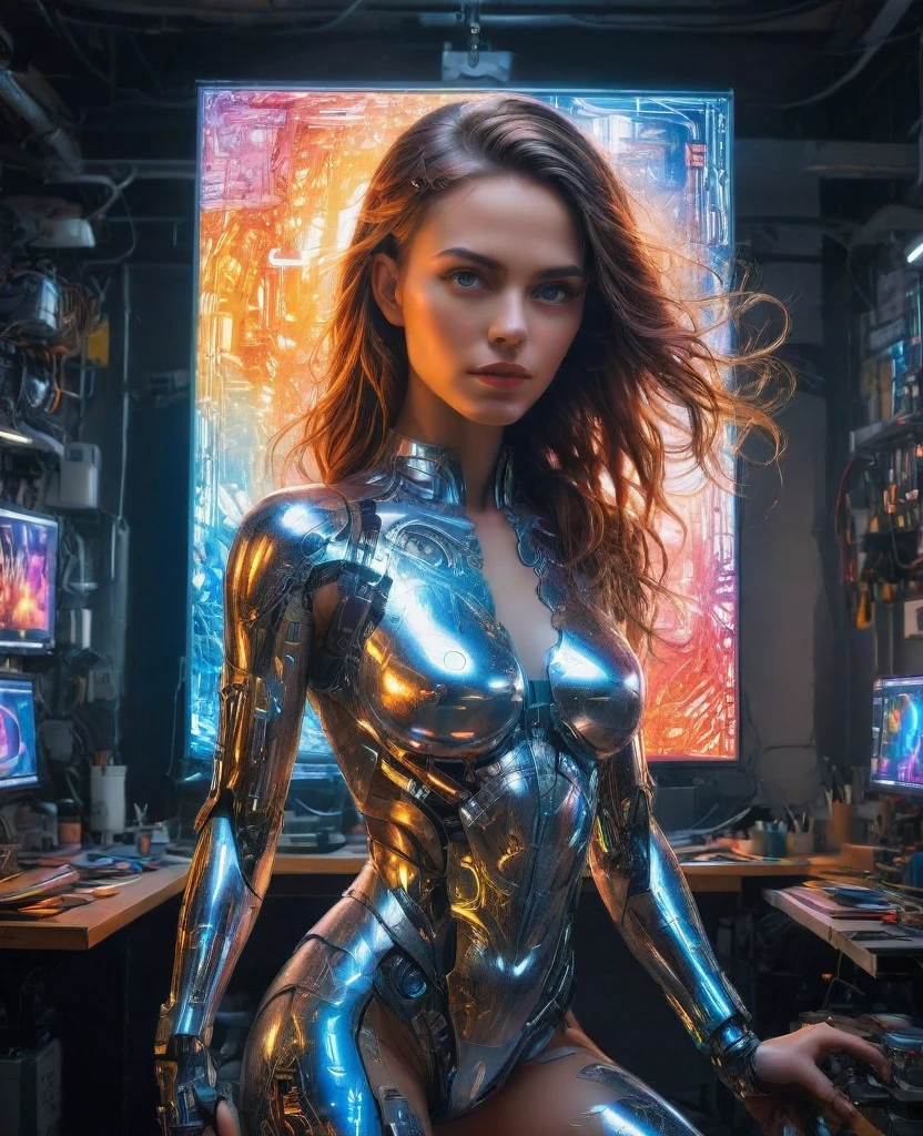 A cyborg girl stands in the center of a large bright studio and is engaged in creating her self-portrait on canvas. She is depicted in all her majestic beauty and elegance. Her metallic skin reflects the light, creating a play of hues and highlights like an expensive piece of jewelry. 
Her long metal hair frames her face, giving her a mysterious and alluring look. Her bright eyes, in which light shimmers, stare straight ahead with confidence and the strain of creative inspiration. 
The cyborg girl is depicted in a graceful pose, showing off her grace and strength as well as the fine workings of her mechanical limbs. Her hands hold brushes and are immersed in the creative process of creating a stunning work of art. 
The outline of the self-portrait she is creating with oil paints is already outlined on the canvas. The drawing begins to come to life under her dexterous fingers, gaining depth and volume, and the coating of color fills the canvas with bright hues and rich colors. 
This entire moment is captured in a gorgeous and amazing scenario that combines the beauty of art, power and technological advancement to make the cyborg girl a unique and inspiring image. beautiful shiny smooth, high quality, best quality, absurdres, masterpiece, beautiful, intricate details, 1/2 body crop, slim body, beautiful figure, magnificent anatomy, (intricate details:1.12), HDR, (intricate details, hyper-detailing:1.15), (natural skin textures, hyper realisitc, soft light, Sharp:1.2)