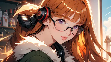 masutepiece, Best Quality, hight resolution, 1girl in, futaba sakura, Blunt bangs, eye glassesの, Burakku Frame Eyewear, Ahoge,or...