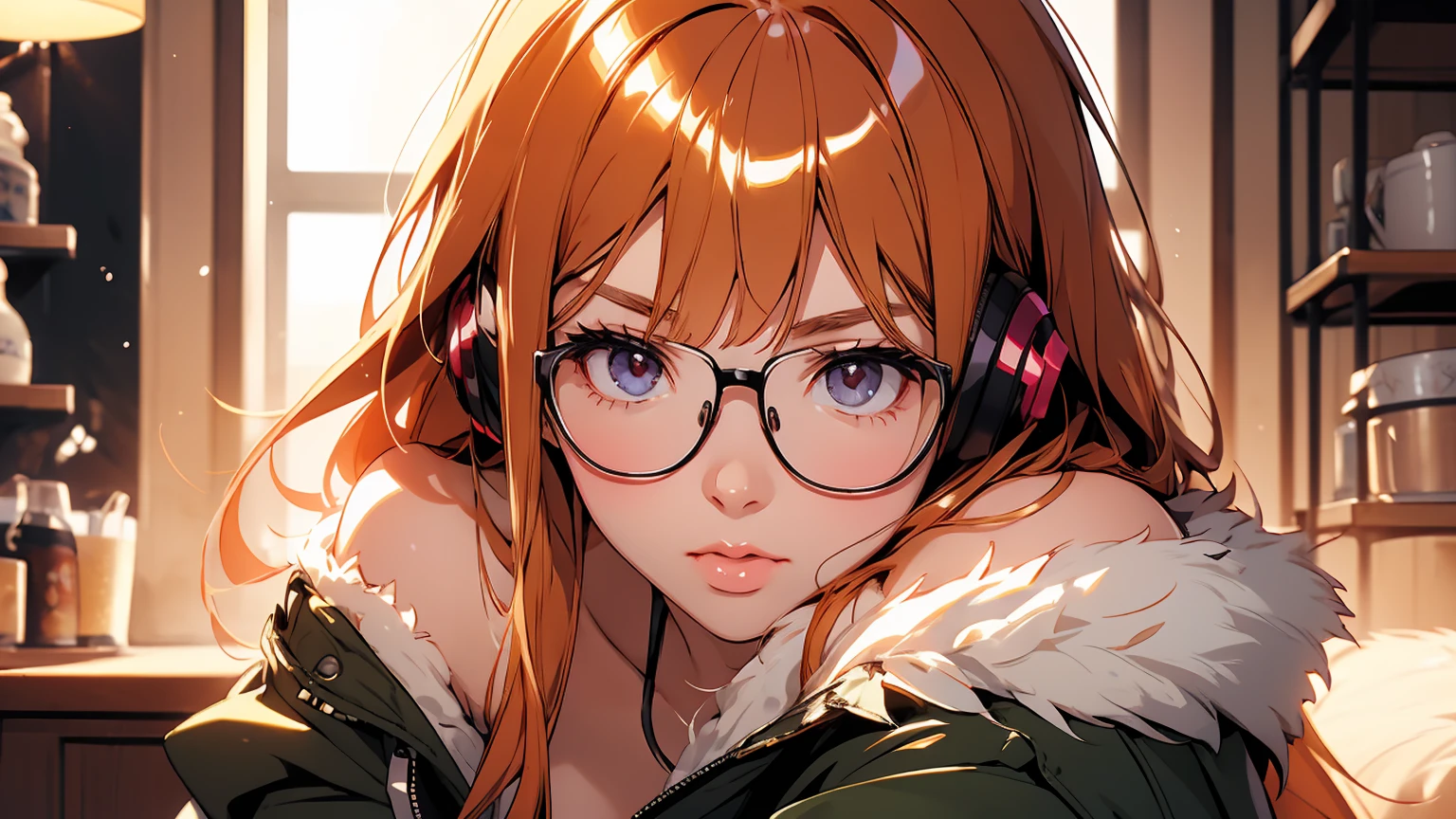 masutepiece, Best Quality, hight resolution, 1girl in, futaba sakura, Blunt bangs, eye glassesの, Burakku Frame Eyewear, Ahoge,orange color hair、  purple eyes、 eye glassesの, headphones, bura, Jacket, off shoulders, Fur trim, fur-trimmed jacket, Green jacket, Shorts, ,the golden hour,A smile that showed teeth、1black cat、tea shop、On the counter、Coffee、futaba sakura、Purple eyes、orange color hair、eye glasses、,​masterpiece、top-quality、Official art、illustratio、ligne claire、(Cool_Farbe)、perfect-composition、focal、acurate, Anatomically correct、 、hight resolution, Beautiful detailed glow, masutepiece*Portrait, 3D Face, Realistic, (masutepiece: 1.3), (max resolution: 1.2), (Ultra HDTV: 1.2), cinematric light, 8K resolution, phi ,​masterpiece、top-quality、Ultra Detail、(((shiny lips: 1.4)))Beautiful face, acurate, Anatomically correct, phiAlways detailed face and skin texture, Detailed eyes, Double eyelids, tThin eyebrows、 pale skin, Lustrous skin all over the body, Perfect face,Always detailed face and skin texture, Detailed eyes, Double eyelids, Thin eyebrows,Natural cheeks, Glossy skin, Fair skin: 1.2, (Glossy lips: 1.4), (((The most beautiful girl)))、(((beautiful a girl)))、（little blush）、（Beautiful face）、 Delicate and beautiful hair, Delicate and beautiful eyes and face, (Beautiful gorgeous cute western woman:1.3),)(((Very Beautiful face))))(((long lashes))))(((Circular twinkling eyes)))(((Glossy and glossy lips))) (((Cheeks with a slight reddish tinge:0.8)))(((Neat and straight nose bridge)))、(((Cowboy Shot)))crouching cowgirl,