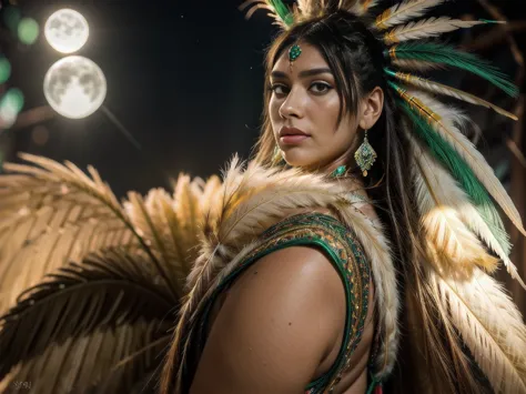 Beautiful Cherokee Indian woman with beautiful emerald headdresses, blackw, doradas, cobre, Pearl, white and beige, feathers mad...