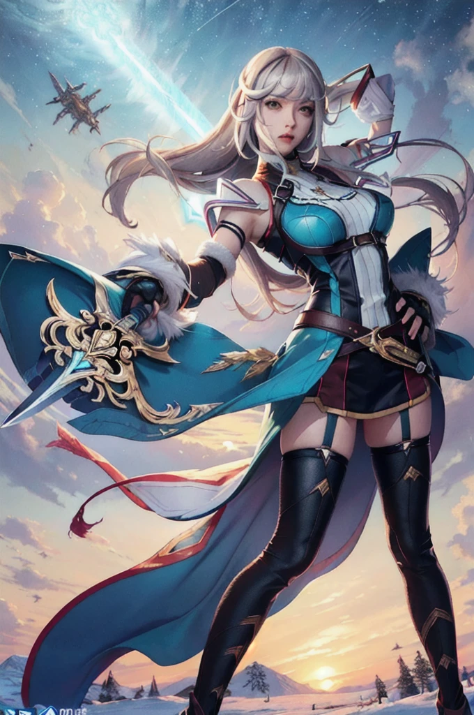 ((best quality)), ((masterpiece)), (detailed),  knight , (sci-fi illustration:1.3, longshot pos, mystical sky , bright colors, (detail sci-fi background), (high-resolution:1.2, high res, (winter), xenoblade art style, female, beautiful face, beautiful lips, sword, stockings, boots,4k)