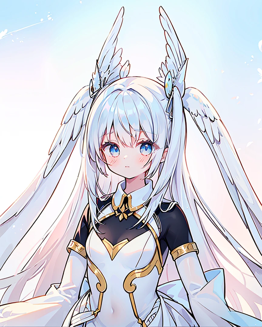 (((Masterpiece))), (((Beautiful Light))), Anime Girl, 1girl, Young, Short Height, Flat Chest, Solo, Wings, Long Hair, Dress, Blue Eyes, White Dress, Priestess Dress, Cape, White Hair, White Pantyhose, Feather Wings, Watching People, Very Long Hair, White Wings, Bangs, Gradient Hair