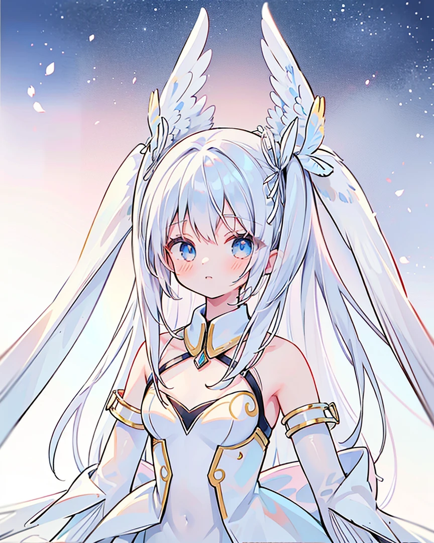 (((Masterpiece))), (((Beautiful Light))), Anime Girl, 1girl, Young, Short Height, Flat Chest, Solo, Wings, Long Hair, Dress, Blue Eyes, White Dress, Priestess Dress, Cape, White Hair, White Pantyhose, Feather Wings, Watching People, Very Long Hair, White Wings, Bangs, Gradient Hair