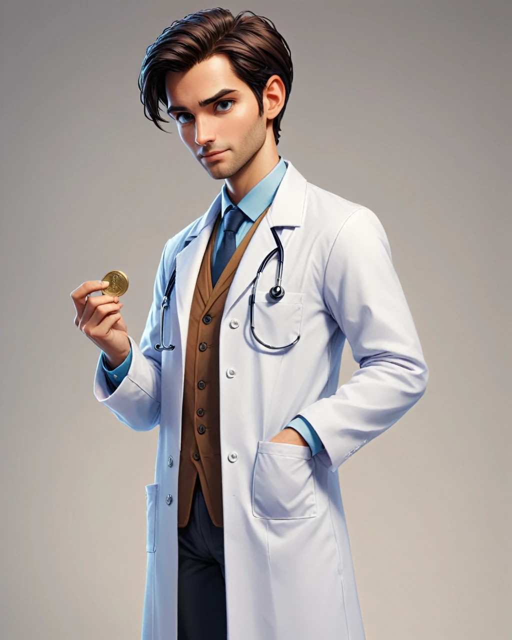 A character dressed as a doctor, with a white coat, but with elements that refer to finance, like a stethoscope that has a coin on the end.