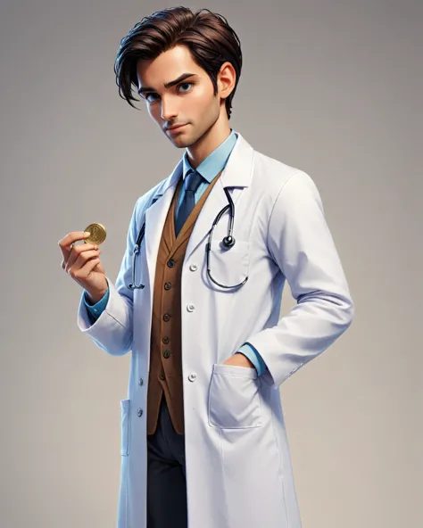 a character dressed as a doctor, with a white coat, but with elements that refer to finance, like a stethoscope that has a coin ...