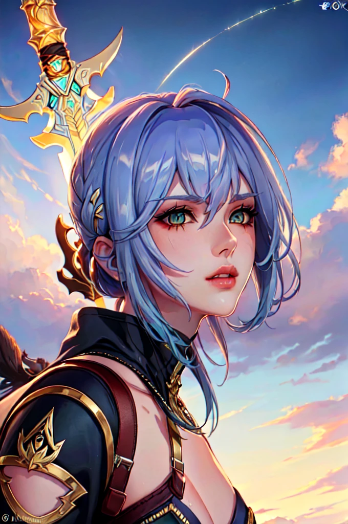 ((best quality)), ((masterpiece)), (detailed),  knight , (sci-fi illustration:1.3, longshot pos, mystical sky , bright colors, (detail sci-fi background), (high-resolution:1.2, high res, (winter), xenoblade art style, female, beautiful face, beautiful lips, sword, stockings, boots,4k)