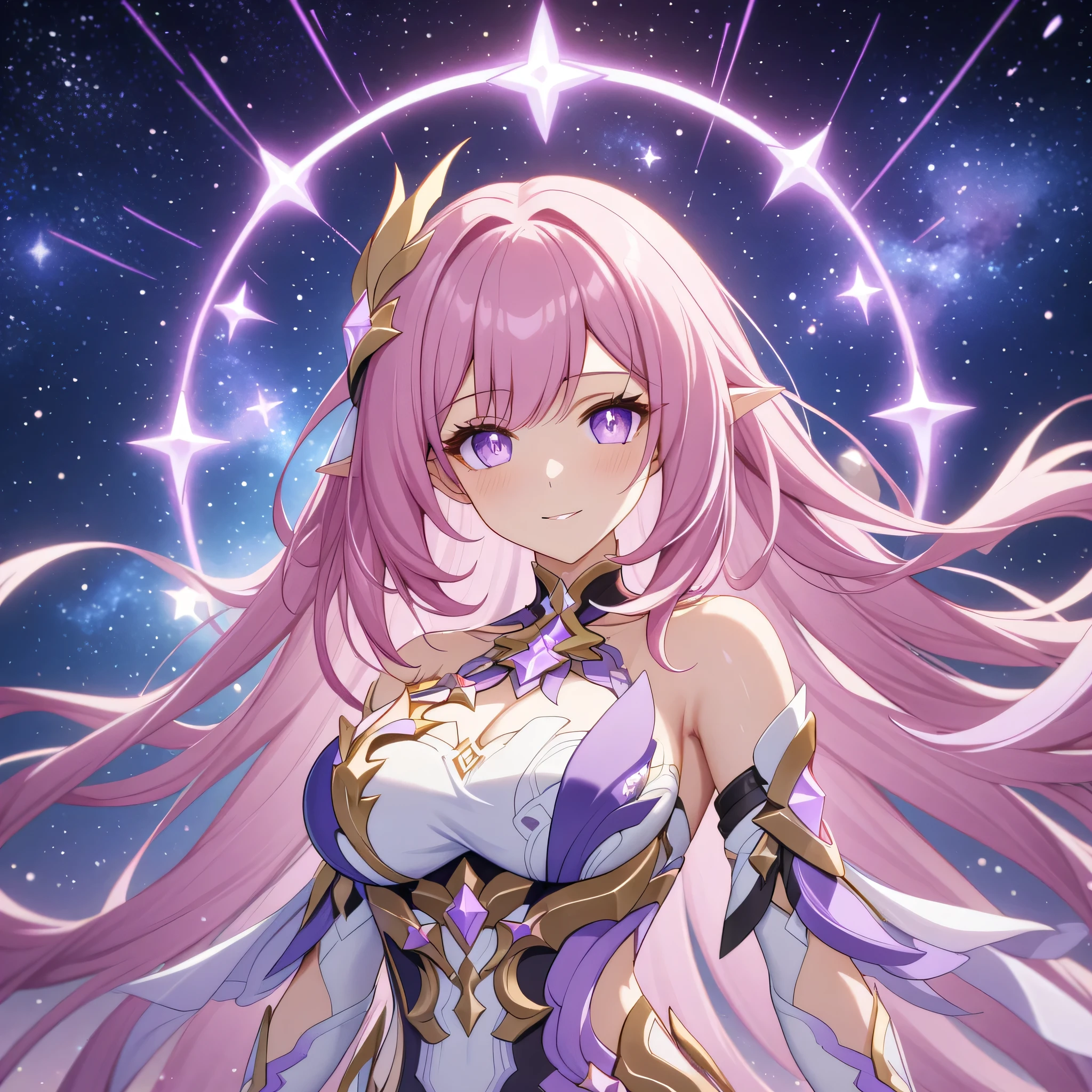 ai-generated,very aesthetic,1girl,elysia_/(herrscher_of_human:ego/)_/(honkai_impact/),pointed_ears,pink_hair,dreamy anime fantasy background,raytracing,light purple eyes,floating,light particles,dsmile,starry sky, shooting stars,celestial,intricate,large breasts,long eyelashes,goddess,(best quality,4k,8k,highres,masterpiece:1.2),beautiful cosmic garden