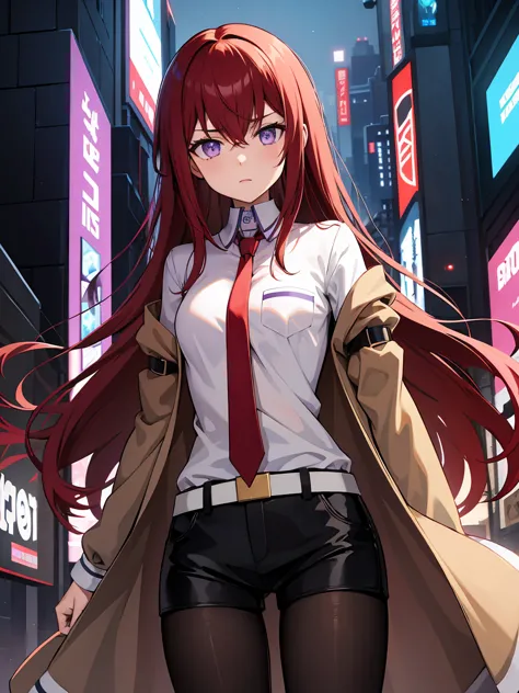 kurisu makise, hair between eyes, hair over shoulder, long hair, (purple eyes:1.1), red hair, straight hair, black pantyhose, bl...