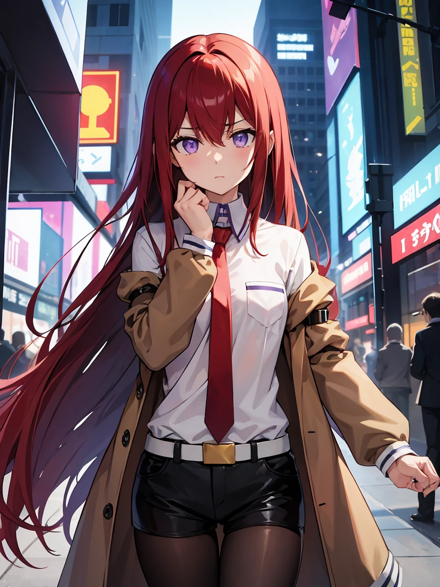 kurisu makise, hair between eyes, hair over shoulder, long hair, (purple eyes:1.1), red hair, straight hair, black pantyhose, black shorts, brown coat, coat, collared shirt, long sleeves, necktie, pantyhose, pantyhose under shorts, shirt, short shorts, shorts, sleeves past wrists, white shirt, wing collar, Standing against a wall in a cyberpunk city of the future, staring ahead with a detached gaze