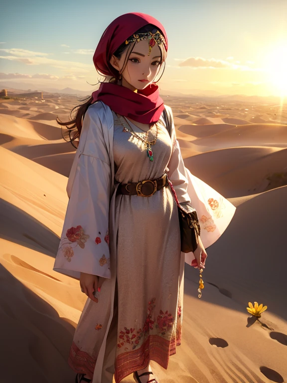 One Girl, Golden accessories, Veil, gem, Kaftans, turbaned, Sandals, Elegant robes, sand color, oasis, Long Hair, Wavy Hair, Light of the sun, camel, Sand Dunes, Wind, mysterious, Desert flower, Coin Belt, fabric, embroidery, metallic, scarf, Turquoise, jewelry, gold, Queen, city壁, city
, (Cowboy Shot)