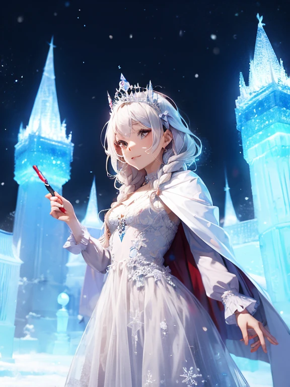 One Girl, Ice wand, White Cape, Ice crystals, winter, Frozen, Ice Castle, Transparency, Ice tiara. Silver Hair, Queen , Cowboy Shot