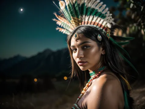 Beautiful Cherokee Indian woman with beautiful emerald headdresses, blackw, doradas, cobre, Pearl, white and beige, feathers mad...