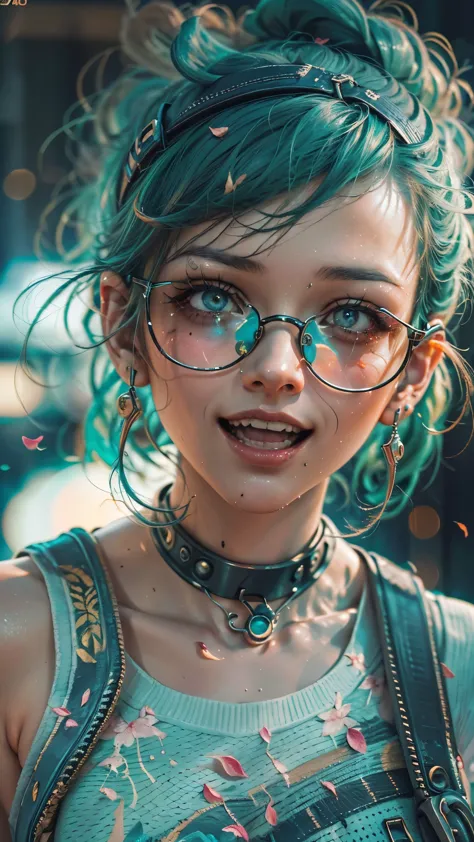 a young girl with vibrant green hair, cyberpunk style cyborg girl, appears overexcited and very happy, wearing round glasses, in...