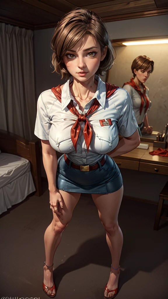 detailed eyes, (full body shot:1.2), 8k, (skinny body:1.2), curvy, (hands behind her back:1.2), seductive pose, (looking at viewer, 8k vector photography, young teen, beautiful eyes, realistic lighting, detailed outfit, realistic facial features, hyper detail, (perfect angle, focus on face hips and breastegane)), (very short hair:1.3), short disheveled hair, medium breast, pioneer neckerchief, micro blue tight skirt, bangs, collarbone, very tight white shirt, short sleeves, collared shirt, belt, eyelashes, red neckerchief, breast pocket, resembles a sex doll, maryarya