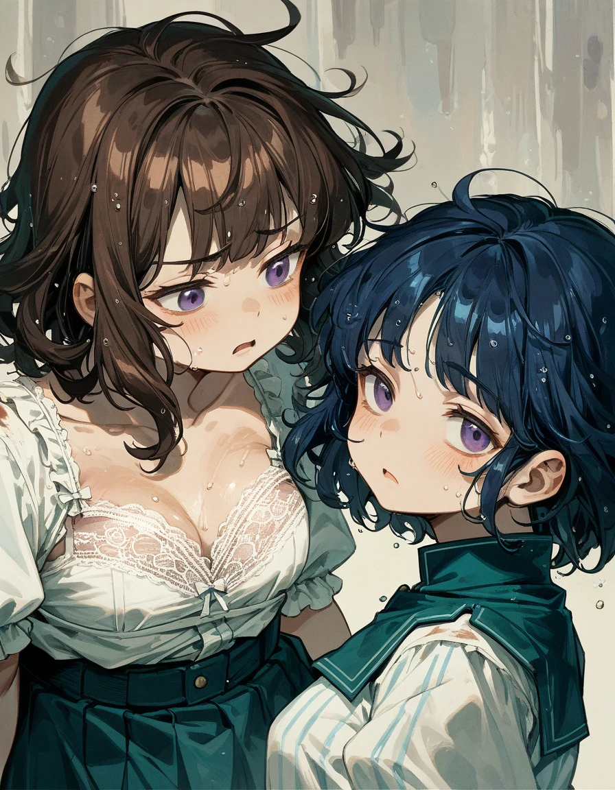 2girls,Breast Matching,[small(3) breasts,brown hair,dark,fluffy hairstyle,],medium hair,[chubby face],Plump face,in stage,frown,starring each other,blouse,skirt,face to face,[flat(3) breasts,dark blue hair,purple eyes,fluffy hairstyle,]looking each other,bust up,ripped clothes,open mouth,scuffle,zoom in,,half-closed eyes,lace bra,lie down,wet