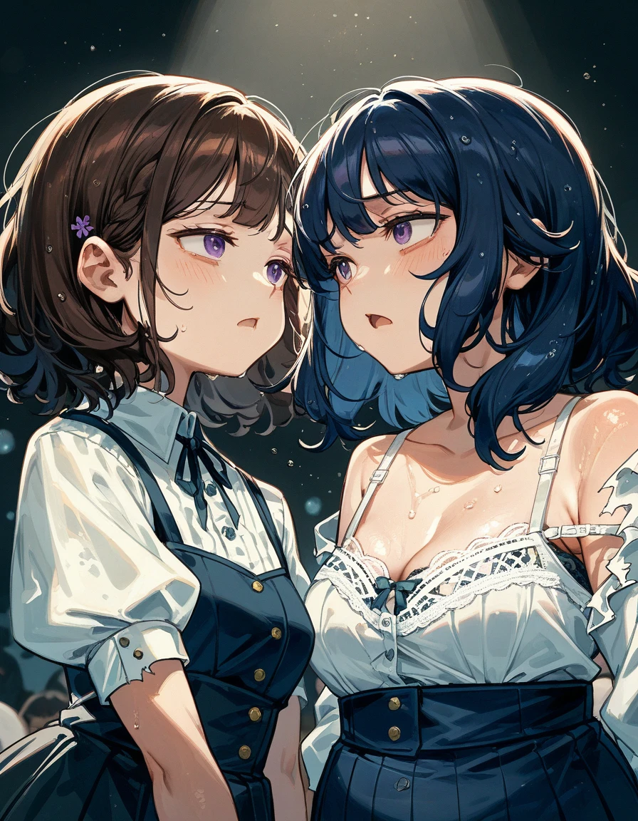 2girls,Breast Matching,[small(3) breasts,brown hair,dark,fluffy hairstyle,],medium hair,[chubby face],Plump face,in stage,frown,starring each other,blouse,skirt,face to face,[flat(3) breasts,dark blue hair,purple eyes,fluffy hairstyle,]looking each other,bust up,ripped clothes,open mouth,scuffle,zoom in,,half-closed eyes,lace bra,lie down,wet