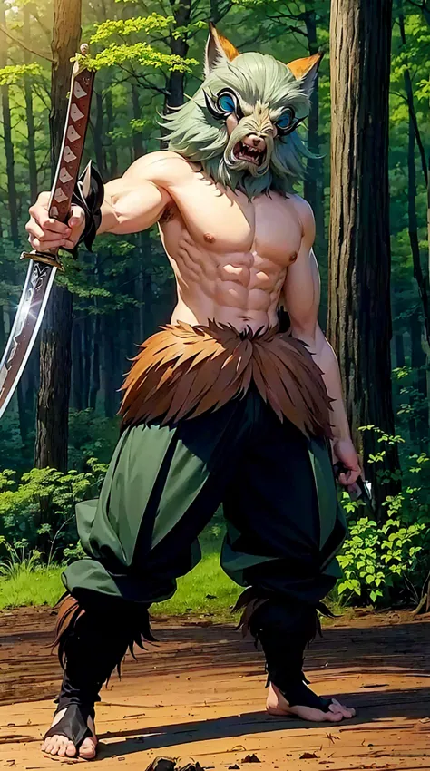 wood々Anime character holding a sword in a forest with trees, Holding a sword in the woods, Handsome men from Demon Slayer, Anime...