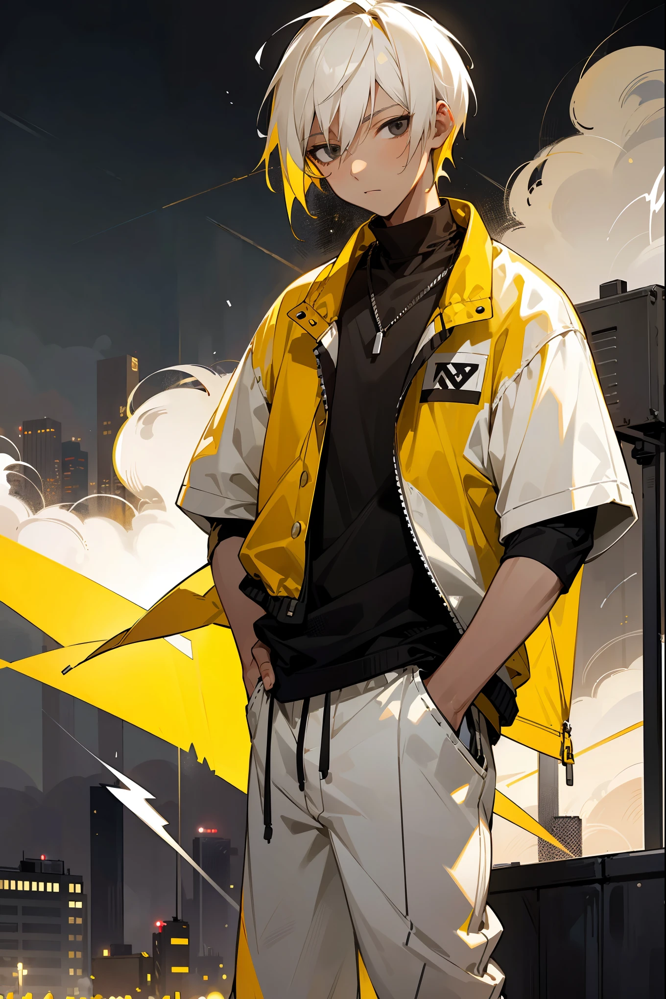 1male, tan skin, teenager, lightning hair, spiked short hair, black eyes, yellow hair, white hair, half yellow half white hair, bored expression, open black and white shirt, joggers, city background, lightning background, detailed background, detailed face, standing on path, hand to side