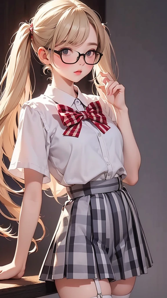 high quality、Masterpiece、Realistic、Perfect Anatomy,One Girl，Ash Blonde Hair、Very short stature，Lolita、zoom、cute、Grey Eyes、、Twin tails、Glasses、White T-shirt、(Gingham check culottes skirt:1.37)，Red Stockings、Red Garter Belt、belly button，White Space，Black light