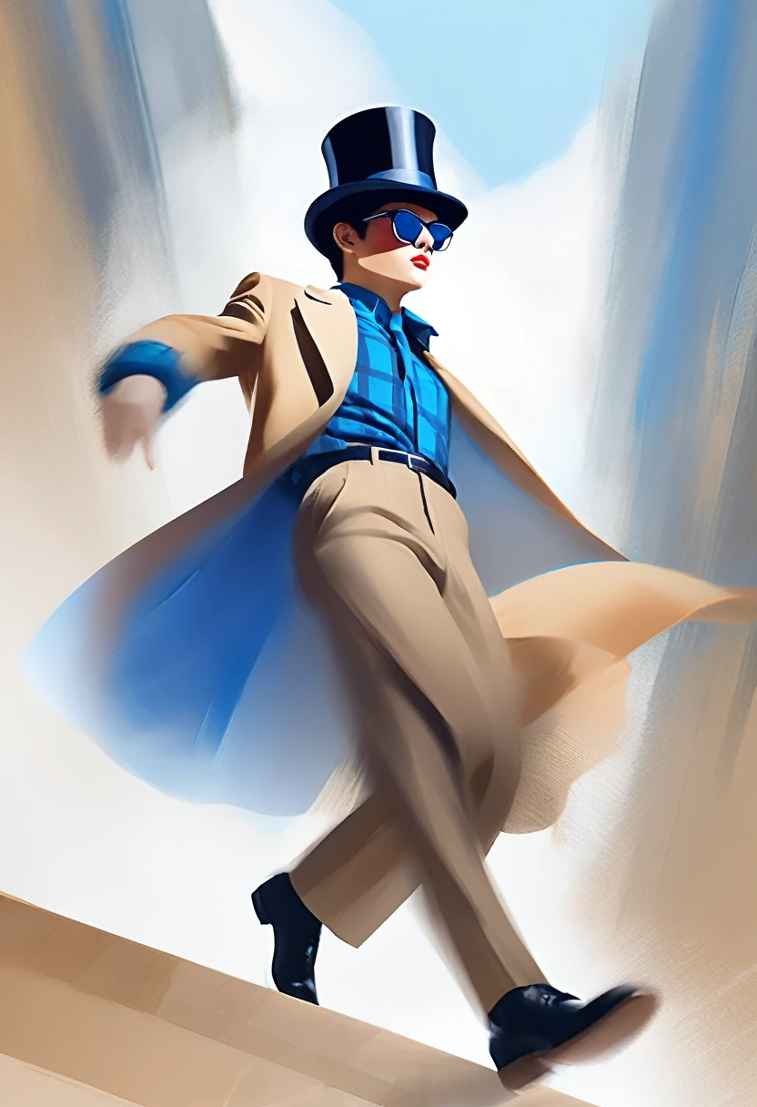 (Modern Art Dance Minimalist Poster Design), (Half body Close Up), (Young boy dancing), (Wearing Modern Fashion Winter Fashion: 0.8), (Wearing Sunglasses and Top Hat: 1.2), Camel Coat Paired with Blue Plaid Shirt, Showcasing an Academy Style Elegance, Presenting a Classic and Fashionable European Style. high nos bridge, and head up posture are sad and beautiful, A slender figure, delicate facial features,
Rotating Mist Illustrations, Ink Painting, Black Hair, Ball Head, tsundere, Surrealism, Contemporary Art Photography, Illustrated Action Painting, Abstract Expressionism, Pixar, Depth of Field, Motion Blur, Backlight, Fallout, Fading, Looking Up Angle, Sony FE GM, UHD, Masterpiece, Accuracy, Textured Skin, Super Detail, High Detail, High Quality, Award winning, Best Quality, High Level, 16k, Shooting from Bottom Up Perspective,