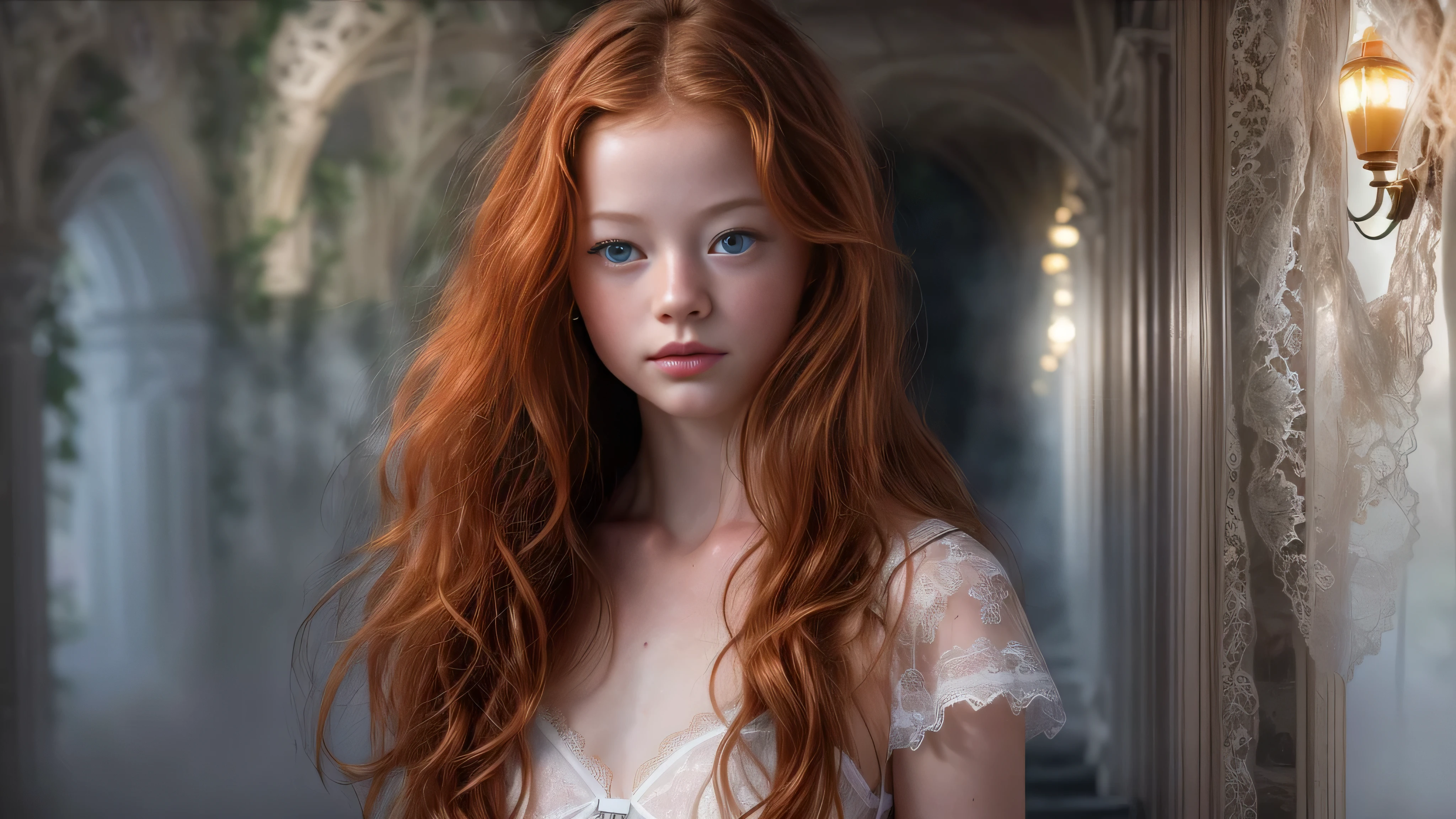 A close up of a woman with long red hair in a white dress - SeaArt AI