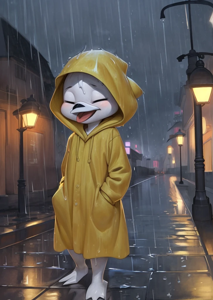 (by drockdraw:1.2) (by chelodoy:1) (by ashraely:1) webby vanderquack, white skin, white hair, orange legs:1.2, beak, ducktales, scut tail, short hair, (yellow raincoat, baggy clothing:1.3) (hood up:1.3) (clothed, clothing:1.2) (wet:1.3) walking, laughing, mouth open, tongue, hand in pocket, clothed, webbed feet, eyes closed, three-quarter portrait:1.3, eyeliner, smile, white body, young, standing, (detailed background, outside, raining, cloudy, town background, sidewalk, street, street lamp:1.2) (solo:1.2)