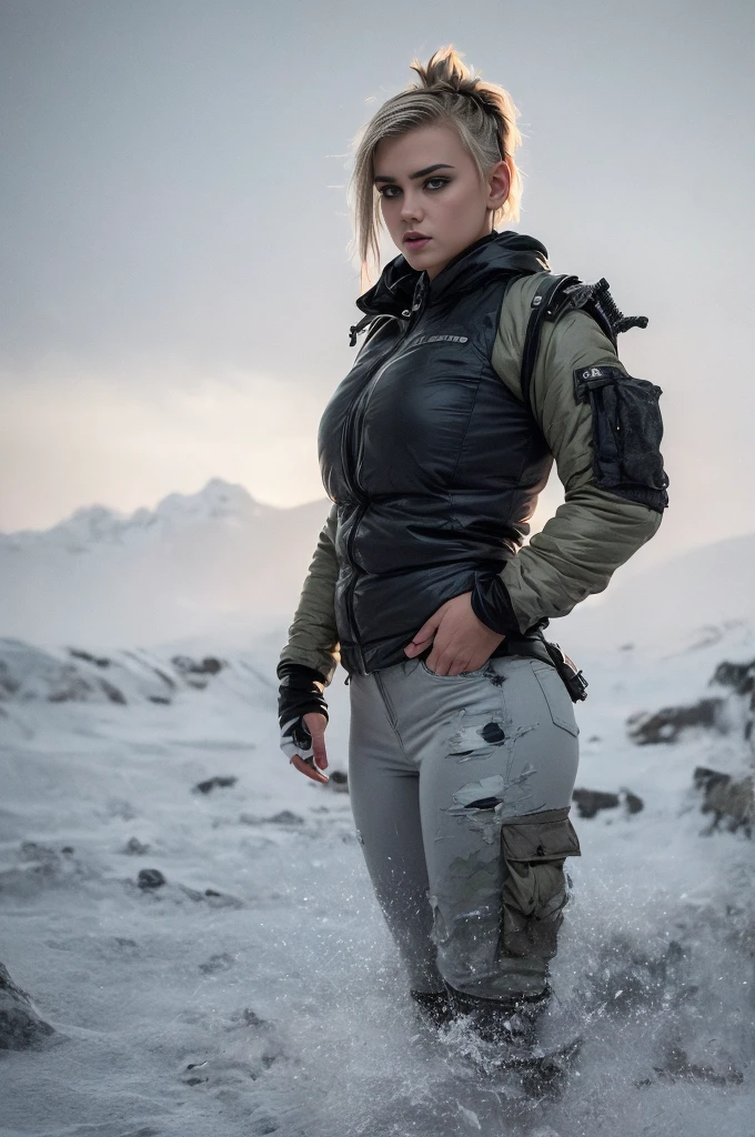 masterpiece, portrait of a beautiful 16 year old Norwegian girl in a post-apocalyptic frozen desert, Punk blonde with short hair, shaved on the sides, grey-blue eyes, very pale skin, highly detailed skin, Cool face, Tense face, Dramatic face, Hard Face, wearing dirty white military pants, wear a white and gray military scarf, wear a winter camouflage military vest in gray and white, wear punk style jewelry, Viking tattoos on skin, Cool Girl, The Killer Girl, Wild Girl, postapocalyptic style, RAW, dramatic lighting, threatening the Scandinavian skies, 8 k, Ultra high resolution.Photorealistic, uhd, First phase of XF IQ4, 150 MP, post-apocalyptic frozen snowy fjord landscape in the background, dirt, dust, rumbles, wreckage, action pose, (Mad Max movie atmosphere:1.2)